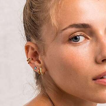 MEVECCO Gold Hoop Earrings for Women 18K Gold Plated Hoop Earrings Handmade Simple Minimalism Turquoise Hoop Hypoallergenic Earrings for Everyday Jewelry