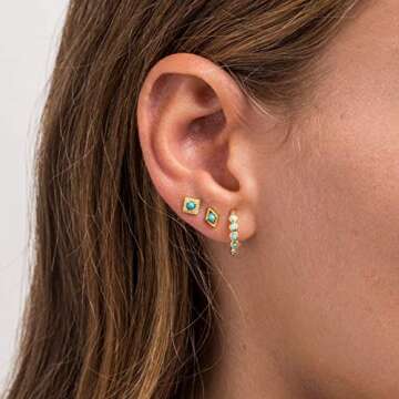MEVECCO Gold Hoop Earrings for Women 18K Gold Plated Hoop Earrings Handmade Simple Minimalism Turquoise Hoop Hypoallergenic Earrings for Everyday Jewelry