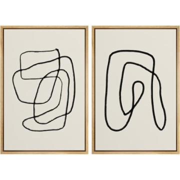 SIGNWIN Framed Wall Art Print Set Black Lines Over Tan Plain Background Abstract Swirly Cozy Neutral...