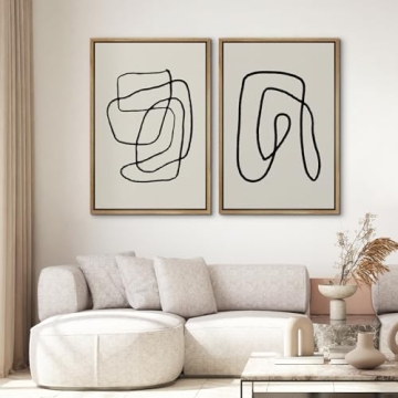 SIGNWIN Framed Wall Art Print Set Black Lines Over Tan Plain Background Abstract Swirly Cozy Neutral Modern Art Mid-Century Modern Expressive for Living Room, Bedroom, Office - 24"x36"x2 Panels