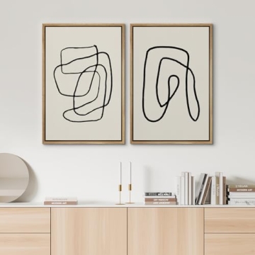 SIGNWIN Framed Wall Art Print Set Black Lines Over Tan Plain Background Abstract Swirly Cozy Neutral Modern Art Mid-Century Modern Expressive for Living Room, Bedroom, Office - 24"x36"x2 Panels