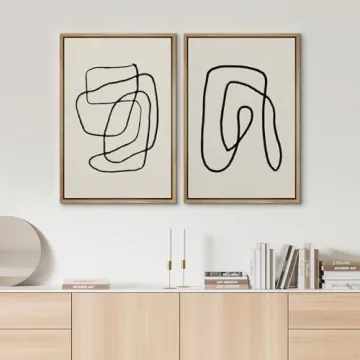 SIGNWIN Framed Wall Art Print Set Black Lines Over Tan Plain Background Abstract Swirly Cozy Neutral Modern Art Mid-Century Modern Expressive for Living Room, Bedroom, Office - 24"x36"x2 Panels