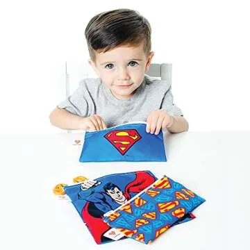 Bumkins Reusable Sandwich and Snack Bags, for Kids School Lunch and for Adults Portion, Washable Fabric, Waterproof Cloth Zip Bag, Travel Pouch, Food-Safe Storage, 3-pk DC Comics Superman