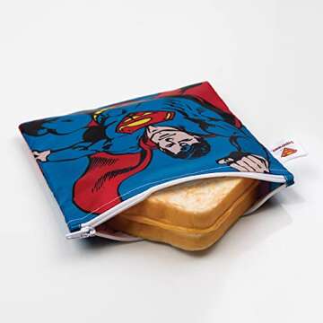 Bumkins Reusable Sandwich and Snack Bags, for Kids School Lunch and for Adults Portion, Washable Fabric, Waterproof Cloth Zip Bag, Travel Pouch, Food-Safe Storage, 3-pk DC Comics Superman