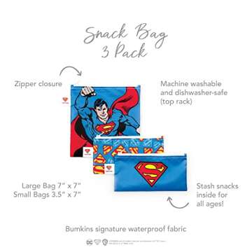 Bumkins Reusable Sandwich and Snack Bags, for Kids School Lunch and for Adults Portion, Washable Fabric, Waterproof Cloth Zip Bag, Travel Pouch, Food-Safe Storage, 3-pk DC Comics Superman