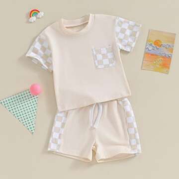 Karwuiio Toddler Baby Boy Summer Outfit Short Sleeve T-Shirt Tops Elastic Waist Shorts Set Baby Boys Clothes(Khaki,6-12 Months)