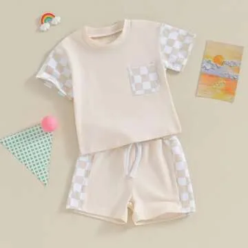 Karwuiio Toddler Baby Boy Summer Outfit Short Sleeve T-Shirt Tops Elastic Waist Shorts Set Baby Boys Clothes(Khaki,6-12 Months)