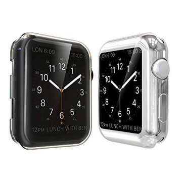 Simpeak Soft Screen Protector Bumper Case Compatible with Apple Watch 38mm Series 2 Series 3, Pack of 2, All-Around, Clear+Plated Silver