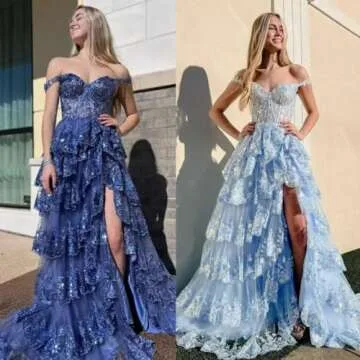 Toreque Spaghetti Straps Tulle Lace Prom Dresses 2025 for Women Long Tiered Sparkly Corset Slit Formal Evening Party Gown with Train Hot Pink US0