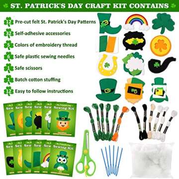 CiyvoLyeen St. Patrick's Day Craft Kids Sewing Kit Fun Saint Paddy's Day Felt DIY Craft Sewing for Girls and Boys Beginners Includes 12 Projects Clover Shamrock Ornaments Irish Education Gift Ideas