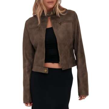Onedreamer Women's Faux Leather Cropped Jackets Casual Vintage Zip Up Stand Collar Motorcycle Short ...
