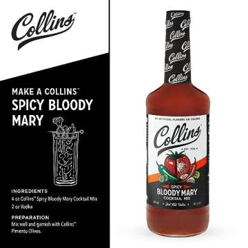 Collins Spicy Bloody Mary Mix, Made With Tomato, Garlic, Worcestershire, Horseradish, Cayenne and Other Spices, Brunch Cocktail Recipe, Bartender Mixer, Drinking Gifts, Home Cocktail bar, 32 fl oz
