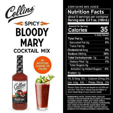 Collins Spicy Bloody Mary Mix, Made With Tomato, Garlic, Worcestershire, Horseradish, Cayenne and Other Spices, Brunch Cocktail Recipe, Bartender Mixer, Drinking Gifts, Home Cocktail bar, 32 fl oz