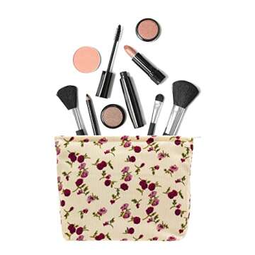 PAZIMIIK Makeup Bag Large Zipper Corduroy Make Up Pouch for Purse Travel Canvas Cosmetic Organizer for Women Brush Storage,Vintage Rose Beige