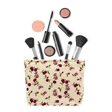 PAZIMIIK Makeup Bag Large Zipper Corduroy Make Up Pouch for Purse Travel Canvas Cosmetic Organizer for Women Brush Storage,Vintage Rose Beige