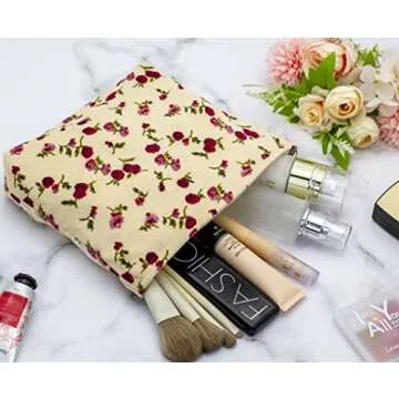 PAZIMIIK Makeup Bag Large Zipper Corduroy Make Up Pouch for Purse Travel Canvas Cosmetic Organizer for Women Brush Storage,Vintage Rose Beige