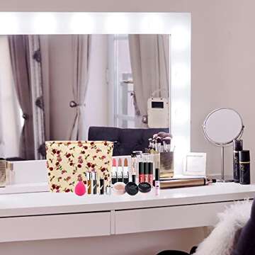 PAZIMIIK Makeup Bag Large Zipper Corduroy Make Up Pouch for Purse Travel Canvas Cosmetic Organizer for Women Brush Storage,Vintage Rose Beige