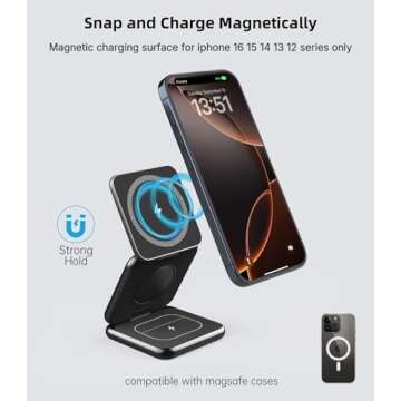 Foldable Magnetic Wireless Charger, KU XIU X40 Aluminum Alloy 3 in 1 Charging Station for Apple, Fast Charging Travel Charger for iPhone 16 15 14 13 12 Series, 5W for Apple Watch Ultra, AirPods, Black