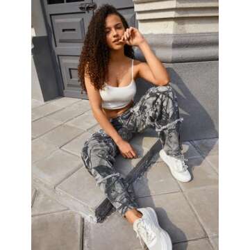 KGYA Unisex Camo Cargo Pants, Multi Pockets Raw Edge Oversized Straight Zipper Wide Legs Streetwear ...