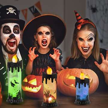 Set of 3 Halloween Snow Globe Candles, Auto LED Flickering Halloween Spinning Water Glittering Tornado Flameless Candles Lighted Lamp, Battery Operated Table Centerpiece for Halloween Party Decor