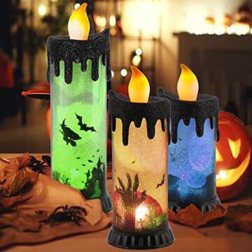 Set of 3 Halloween Snow Globe Candles, Auto LED Flickering Halloween Spinning Water Glittering Tornado Flameless Candles Lighted Lamp, Battery Operated Table Centerpiece for Halloween Party Decor