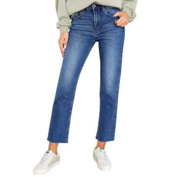 KDF Cropped Straight Leg Jeans for Women - High Waisted Jeans for Women 7/8 Length Light Blue Jeans ...