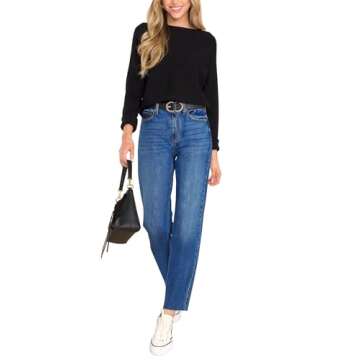 KDF Cropped Straight Leg Jeans for Women - High Waisted Jeans for Women 7/8 Length Light Blue Jeans Denim Pants with Crop Hem Size 6