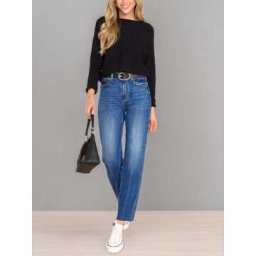 KDF Cropped Straight Leg Jeans for Women - High Waisted Jeans for Women 7/8 Length Light Blue Jeans Denim Pants with Crop Hem Size 6