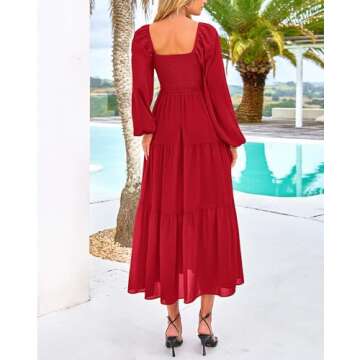BTFBM Women Formal Dress Spring Square Neck Puff Long Sleeve Smocked Tiered Flowy Wedding Guest Maxi Dresses Pockets(Red, Small)