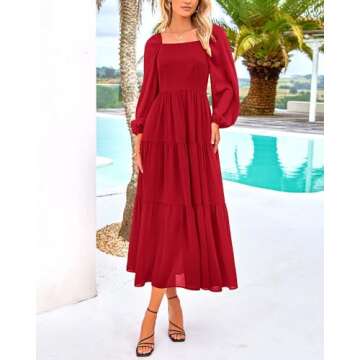 BTFBM Women Formal Dress Spring Square Neck Puff Long Sleeve Smocked Tiered Flowy Wedding Guest Maxi Dresses Pockets(Red, Small)