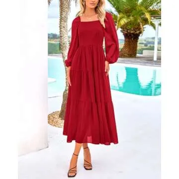 BTFBM Women Formal Dress Spring Square Neck Puff Long Sleeve Smocked Tiered Flowy Wedding Guest Maxi Dresses Pockets(Red, Small)
