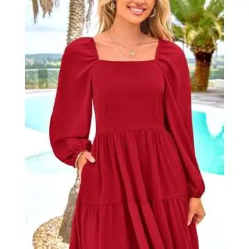 BTFBM Women Formal Dress Spring Square Neck Puff Long Sleeve Smocked Tiered Flowy Wedding Guest Maxi Dresses Pockets(Red, Small)
