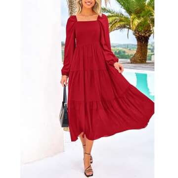 BTFBM Women Formal Dress Spring Square Neck Puff Long Sleeve Smocked Tiered Flowy Wedding Guest Maxi Dresses Pockets(Red, Small)