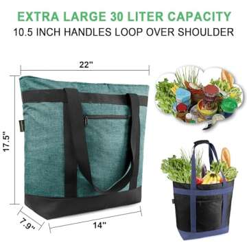 BeeGreen Insulated Cooler Bags Waterproof Soft Cold Bag for Pincin Grocery Travel Large Collapsible Food Lunch Bag with Zippered Top Leak Proof Portable Thermal Bag with Handles
