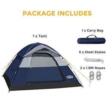 Pacific Pass 2 Person Family Dome Tent with Removable Rain Fly, Easy Set Up for Camp Backpacking Hiking Outdoor, 82.7 x 82.7 x 47.2 inches, Navy Blue