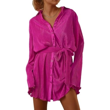 ABYOVRT Women Shirt Dresses Long Sleeve Pleated Mini Dress for All Occasions