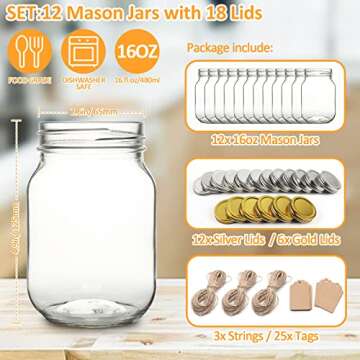 Jaisie.W Mason Jars 16 oz 12Pack with 6 Extra Lids, Glass Pint Canning Jars 16 oz - 16oz mason jars with silver lids and extra 6 gold lids for Canning/Preserving/Meal Prep