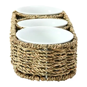 Creative Co-Op Hand-Woven Seagrass Basket with 6 oz. Ceramic Bowls, Set of 4 Tray, Natural, 4