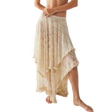 R.Vivimos Women Lace Long Skirts Summer Elastic Asymmetrical Layered Hem Sexy See-Through Beach Flor...