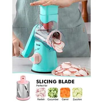 Geedel Rotary Cheese Grater, Kitchen Mandoline Vegetable Slicer with 3 Interchangeable Blades, Easy to Clean Rotary Grater Slicer for Fruit, Vegetables, Nuts