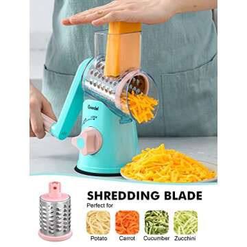 Geedel Rotary Cheese Grater, Kitchen Mandoline Vegetable Slicer with 3 Interchangeable Blades, Easy to Clean Rotary Grater Slicer for Fruit, Vegetables, Nuts