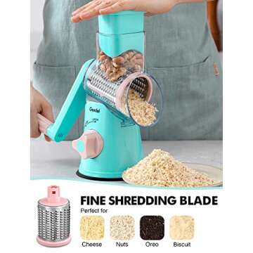 Geedel Rotary Cheese Grater, Kitchen Mandoline Vegetable Slicer with 3 Interchangeable Blades, Easy to Clean Rotary Grater Slicer for Fruit, Vegetables, Nuts