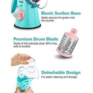 Geedel Rotary Cheese Grater, Kitchen Mandoline Vegetable Slicer with 3 Interchangeable Blades, Easy to Clean Rotary Grater Slicer for Fruit, Vegetables, Nuts