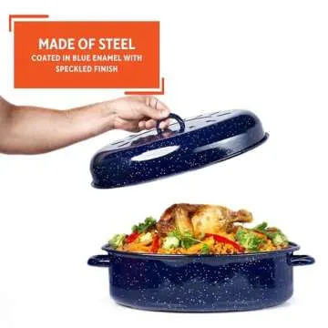 IMUSA USA 18" Traditional Vintage Style Blue Speckled Enamel on Steel Covered Oval Roaster