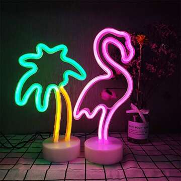 2 Packs Decoration Neon Signs Light Pink Flamingo and Green Palm Tree Neon Wall Decor Lights USB/Bat...