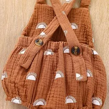 Newborn Girls Romper Jumpsuit Sun Print Sleeveless Cross Back Hairband One-Pieces Bodysuits (Brown, 6-12 Months, 12_Months)