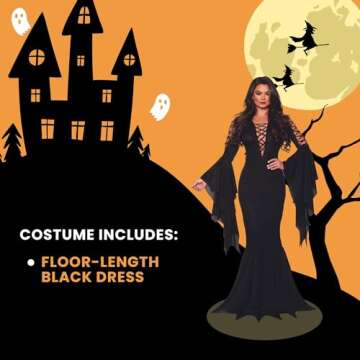 UNDERWRAPS Black Vampire Dress - Gothic Vampire Full Length Dress Halloween Custome for Women, Sexy Halloween Costume Vampire Dress with Sleeve,Medium (12-14)