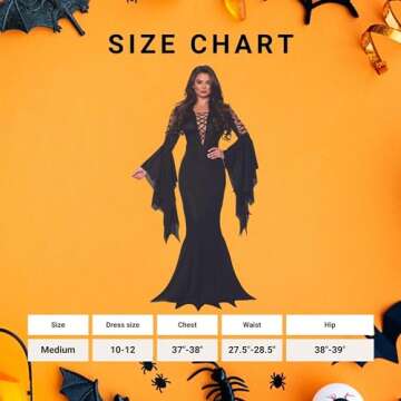 UNDERWRAPS Black Vampire Dress - Gothic Vampire Full Length Dress Halloween Custome for Women, Sexy Halloween Costume Vampire Dress with Sleeve,Medium (12-14)