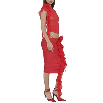 Yiiciovy Women Ruffle Tassel Y2K Fairy Grunge Dress 3D Flower Irregular Fringe Strapless Tube Dress Evening Party Clubwear (F Red, S)
