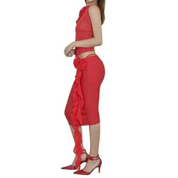 Yiiciovy Women Ruffle Tassel Y2K Fairy Grunge Dress 3D Flower Irregular Fringe Strapless Tube Dress Evening Party Clubwear (F Red, S)